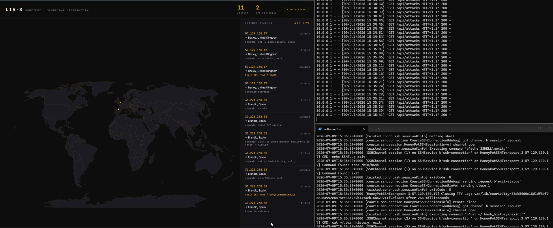 Panel en vivo del honeypot de LIA-S mostrando ataques capturados en tiempo real